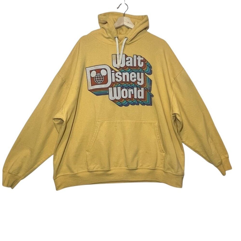 Walt Disney World Retro Hoodie Adult 2XL Yellow Sweatshirt Vintage Style Pocket - Picture 1 of 11